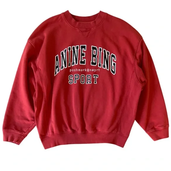 ANINE BING ♥️ Sport Jaci Graphic Logo Sweatshirt Pullover Red Black S Small - Picture 4 of 15